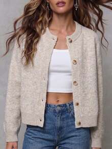 Cardigan Pullover Wanita Kasual Elegan Regular Fit Warna Polos Kancing Tunggal Lengan Panjang Leher Bulat Bahu Jatuh Musim Gugur - Aprikot - View 11