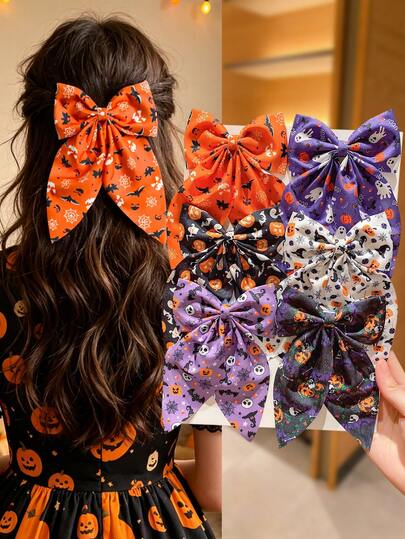 6 piezas de pinzas para el cabello con lazo grande y cinta larga para niñas, con estampado de fantasma, calabaza y murciélago, pinzas para el cabello con lazo de moda de Halloween, adecuadas para fiestas de Halloween y regalos