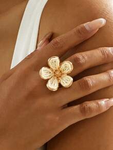 1pc Bohemian Style Woven White Flower Adjustable Ring, Suitable For Women Beach Outings, Daily Wear And Outfit Matching - White - View 1
