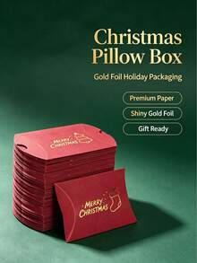 12PCS/Christmas Pillow Gift Boxes, Red Paper Favor Boxes With Gold Foil Stamping, 4.33*2.76 Inch Xmas Cartoon Treat Boxes For Candy Cookie Holiday Gift Packaging - View 2