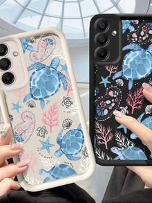 1pc Blue Sea Turtle Coral Print Pattern Phone Case, Black Edge Leather Frame Shockproof Soft TPU Protective Cover, Compatible With GALAXY, HONOR, Phones - White - View 2