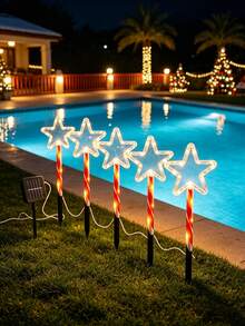 1 Set 5‑In‑1 Solar Powered Christmas Star Stake Lights, Candy Cane Pole LED Lawn Lights, Outdoor Waterproof Festive Accent Lamps For Garden Path, Porch, Yard, Xmas Party Scene Layout - Multicolor - View 7