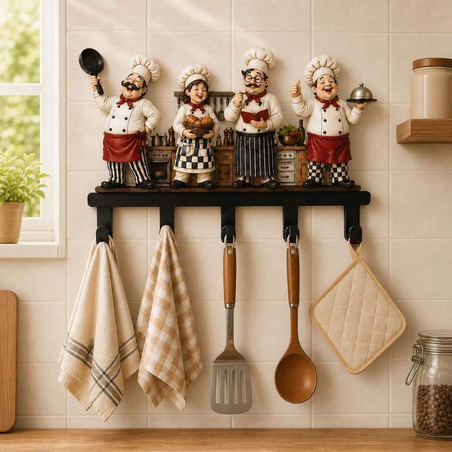 2D Vintage Cartoon Chef Decorative Wall Hook, 5-Hook Wall-Mounted Rack For Kitchen Utensils, Keys, Entryway And Wall Decor - View 1