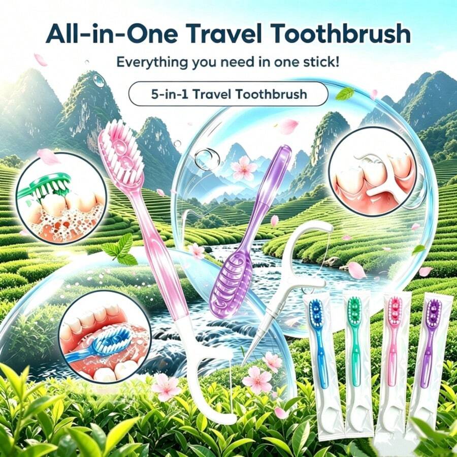 升級版便攜式一次性迷你旅行牙刷,5合1櫻花風味雙珠迷你刷 + 牙線 + 牙籤 + 舌刷,隨機薄荷、綠茶、櫻花、桃子風味預塗牙膏牙刷,適合旅行、工作和日常使用,緊湊設計 - C款隨機混合口味 - 查看 1