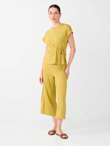 Women's Olive Green Round-Neck Blouse – Short-Sleeve Top With Tie Detail - Olive Green - View 2