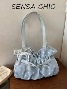 Tote Bag With Fresh Polka Dot Print, Textured Pleated Body, Pearl Lace Bow Pendant, Belt Buckle Gathered Design, Ruffle Hem, Suitable For Carrying Small Personal Items, Ideal For Daily Work, Commute, Campus, Short Trips - Blue - View 8