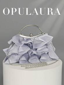 OpulAura 女士优雅迷人花瓣宴会手拿包，褶边设计晚礼服手提包，适合婚礼/度假/正式派对/舞会，配有链条 - 銀色 - 查看 1
