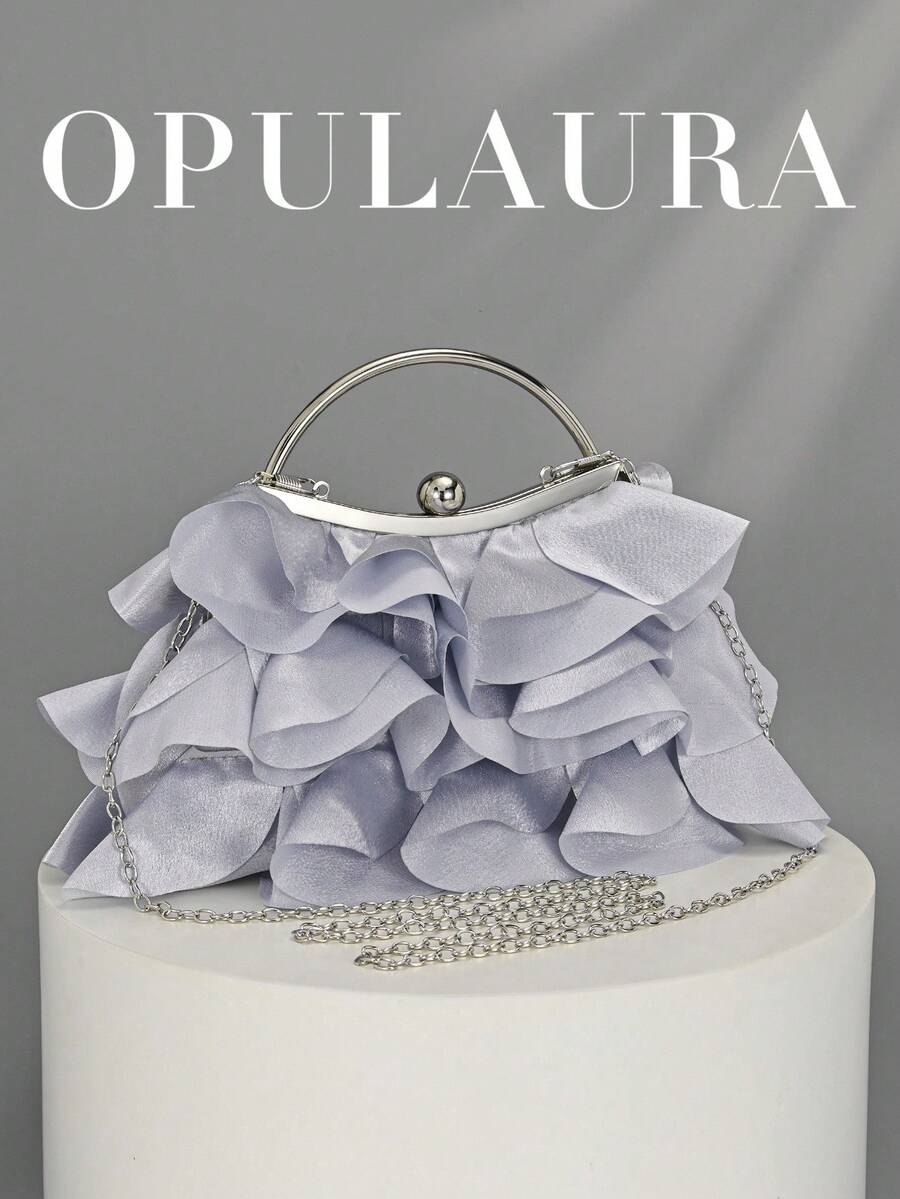 OpulAura 女士优雅迷人花瓣宴会手拿包,褶边设计晚礼服手提包,适合婚礼/度假/正式派对/舞会,配有链条 - 銀色 - 查看 1