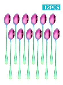 Long Handle Stainless Steel Spoons, 2/6/12/24pcs Multi-Purpose Stirring Spoons, Gold/Silver/Rainbow Color Reusable Table Spoons, Suitable For Coffee, Tea, Desserts, Beverages - View 14