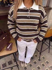 2026 Autumn Women's Classic Striped Contrast Color Polo Collar Button Knit Long Sleeve Pullover Sweater Top, Brown Top, Jumpers For Women, Women's Autumn Clothing, Suitable For Campus, Back To School, Holiday, Date, Street Wear And Other Occasions, Going Out Tops, Y2k, Party Top - Brown - View 5