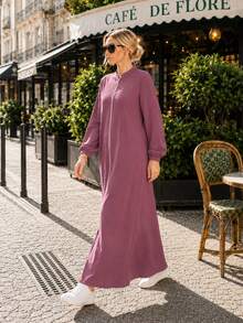 Women's Full-Length Zip Front Abaya – Stand Collar Long Sleeve Modest Maxi Dress With Elastic - Pink - View 3