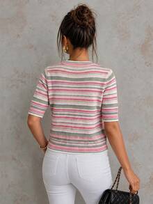 Women's Round Neck Short Sleeve Multi-Color Knit Top - Multicolor - View 5