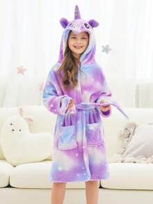 少女紫色星系獨角獸印花長袖連帽睡衣 & 浴袍 - 彩色 - 查看 8