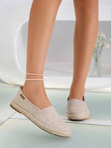 Women's Round Toe Straw Woven Fisherman Shoes, Soft Sole Linen Slip-On Shoes, Vintage Artistic Style, Daily Commute, Spring Autumn - Beige - View 5
