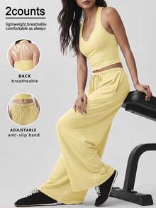 FWH Women's Spaghetti Strap Backless Sports Set, Women's Tank Top + Straight Loose Long Pants Sports Two Pieces Set Yellow - Yellow - View 2