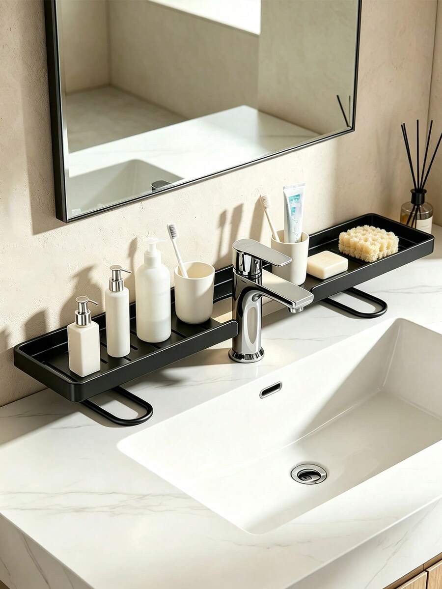 1pc Bathroom Sink Storage Rack, Washbasin Organizer Shelf, U-Shaped Design For Faucet, Thickened Material, Strong Load-Bearing Capacity, Modern Luxury Style, Hollow Design To Prevent Water Accumulation, Suitable For Kitchen And Bathroom Sinks - Black - View 1