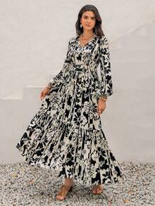 Rusttydustty Plus Size Women's Black & White Floral Print Long Dress, Long Sleeve V-Neck Layered Bohemian Style Autumn/Winter Dress, Suitable For Halloween - Black and White - View 6