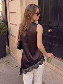 1pc Women's Vintage Glossy Solid Color Lace Patchwork Vest, Asymmetrical Diagonal Hem Draped Satin Sleeveless Top, Suitable For Office Layering - Redwood - View 3
