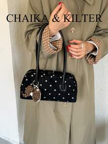 CHAIKA & KILTER 1件裝 女款復古時尚磨砂保齡球包，對比色麂皮布料，滿版波點圖案，對比色絎縫縫線，雙手柄設計，拉鍊開合，適合日常與街頭使用（附吊飾） - 黑色 - 查看 7