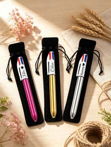 Customizable Retractable Ballpoint Pen Set With Pen Pouch, Laser Engraved Text, Replaceable 4-Color Ink Refills, Smooth Writing, Perfect For Office, Colleagues, School Supplies, And Back-To-School Gifts For Students And Teachers - Sets - View 2