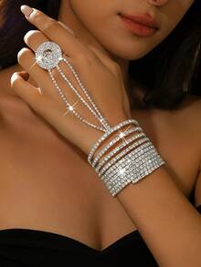 Luxury Heavy-Duty Multi-Layer Sparkling Bracelet Ring Connected Hand Jewelry, Suitable For Various Occasions Party, Wedding Bridal Banquet Ball Accessories - Multicolor - View 2