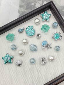 20PCS Ocean Green Starfish Conch Turtle Resin Clog Shoe Charms DIY Decorations Beach Shell Flower Shoe Buckle Accessories Faux Pearls Shoe Clips Decor - Multicolor - View 8