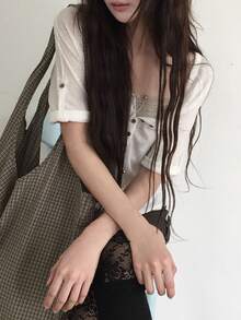 女款純色捲袖收腰修身百搭休閒T恤，白色 - 白色 - 查看 8