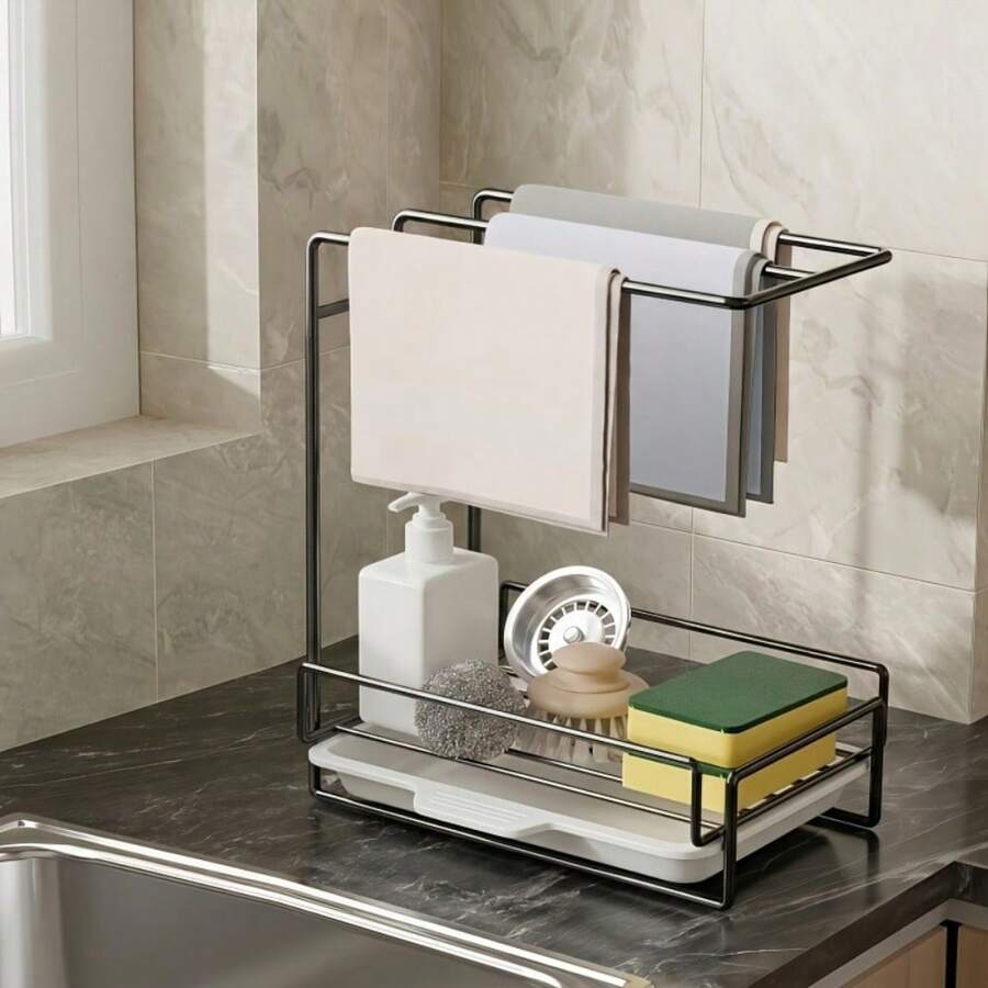 1 Set Black Wall-Mounted Countertop Dual-Use Kitchen Cloth Rack, Sink Drip Tray, Cloth/Towel Storage Organizer With Drip Tray, Home Storage Organization Accessory - Black - View 1