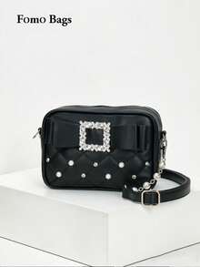 Tas Mini Chic Terbaru Gaya Jepang & Korea, Desain Niche Terinspirasi Inspirasi Tren, Tas Bahu Rantai Mutiara Fashion 2025, Tas Selempang Persegi Serbaguna dengan Motif Quilted - Hitam - View 1