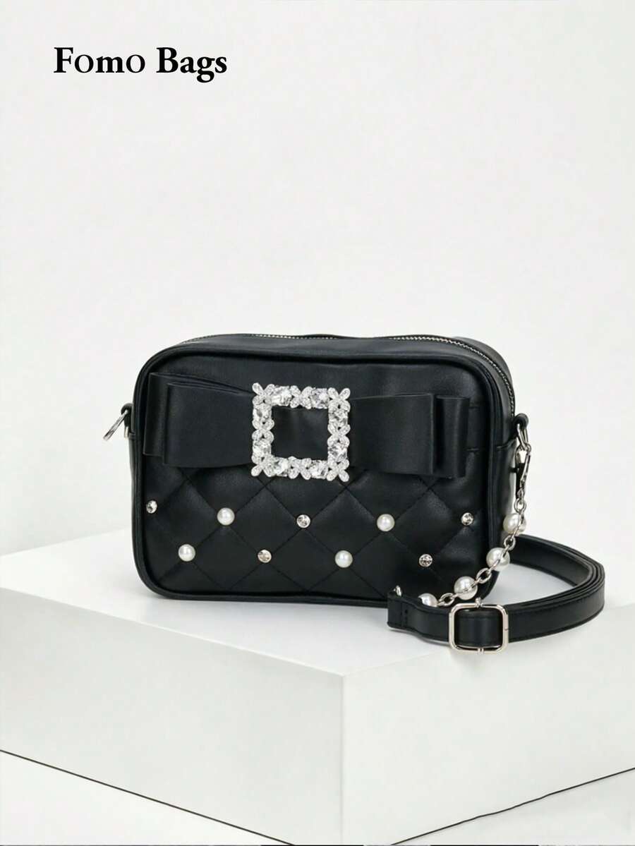 Tas Mini Chic Terbaru Gaya Jepang & Korea, Desain Niche Terinspirasi Inspirasi Tren, Tas Bahu Rantai Mutiara Fashion 2025, Tas Selempang Persegi Serbaguna dengan Motif Quilted - Hitam - View 1