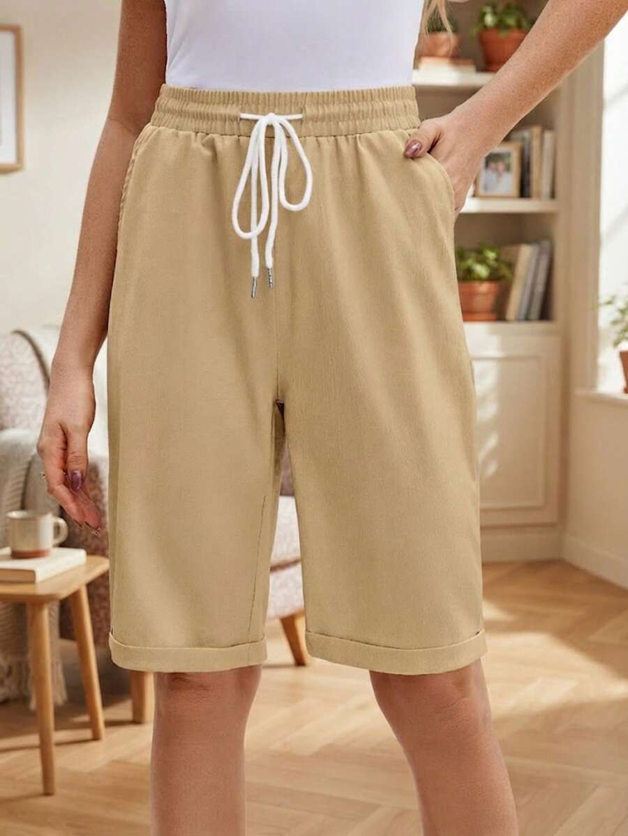 Jisfaneya Women's Drawstring Elastic Waist Pockets Solid-Color Minimalist Casual Cropped Pants - Khaki - View 1