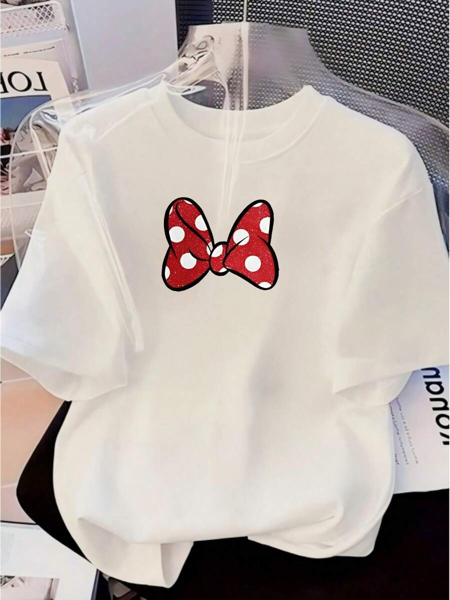 Sophisticated Casual Cotton Tee, Urban Girl Aesthetic, Bold Red Spot Bow Artwork, Weekend Hangouts, Summer Street Women Top