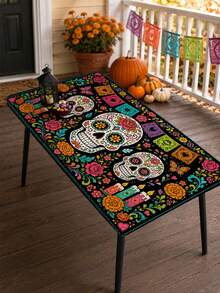 Gothic Halloween Tablecloth, Sugar Skull Rose Floral Pattern Tablecloth, Day Of The Dead Mexican Festival Decoration, Black Skull Design Dining Tablecloth, Rectangular Party Home Kitchen Desktop Decor - Multicolor - View 9