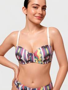 Women's Colorful Geometric Print Push Up Bra Boho Fixed Straps Deep V Balconette Sexy Y2K Lingerie - White - View 6
