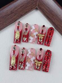 10pcs High-End Luxurious Retro Style, Hand-Painted Three-Dimensional Bow, Butterfly, Dazzling Rhinestones Handmade Fake Nails - Red - View 4