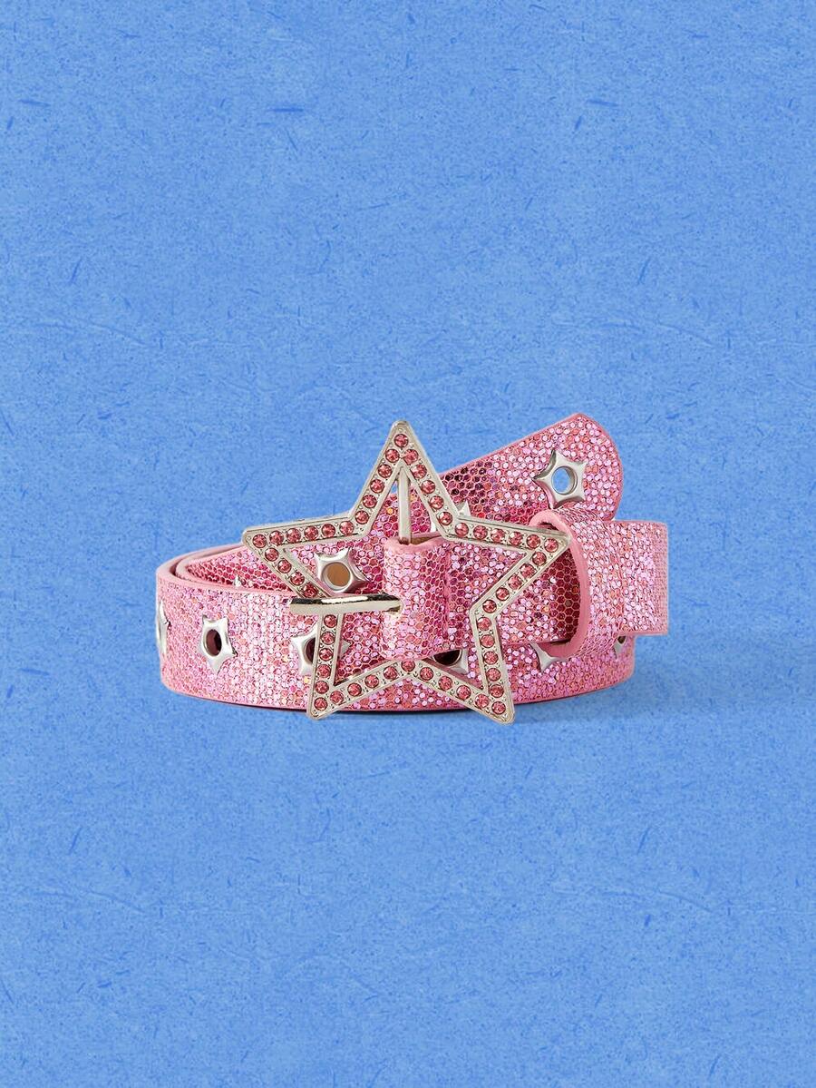 Popjeli 1pc Women's Y2K Star Series Star-Shaped Rhinestone Carved Metal Hollow Star Decor Jeans Belt - Pink - View 1