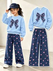 Tween Girl Casual Bowknot Minimalist Print Crew Neck Sweatshirt & Heart All-Over Print Loose Wide Leg Pants 2-Piece Set, Suitable For Spring/Autumn, School, Shopping And Sports - Baby Blue - View 1