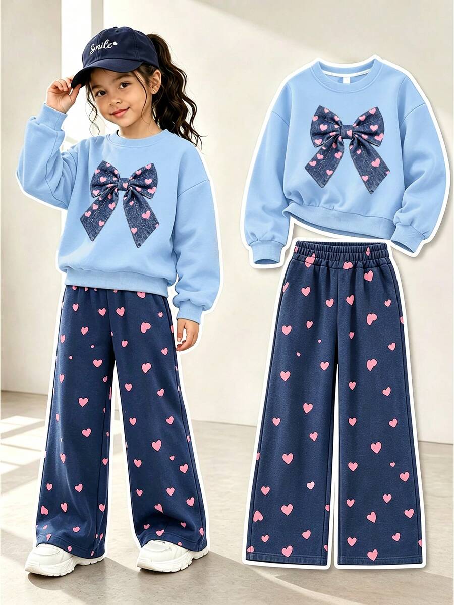 Tween Girl Casual Bowknot Minimalist Print Crew Neck Sweatshirt & Heart All-Over Print Loose Wide Leg Pants 2-Piece Set, Suitable For Spring/Autumn, School, Shopping And Sports - Baby Blue - View 1