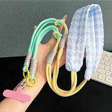 1pc Niche Design Dopamine Colorblock Cotton Fabric Multifunctional 3-In-1 Camera Strap Long Phone Lanyard Phone Chain - Multicolor - View 6