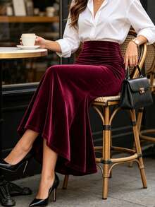 DONICY Women's Wine Red High Waist Side Ruched High Slit Mermaid Maxi Skirt, Draped Slim Long Half Skirt For Party Daily Wear Fall Winter - Burgundy - View 10