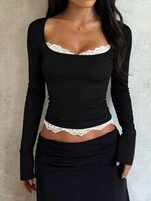 Elegant Women's Black Long Sleeve Square Neck Lace Trim Knitted Top Regular Fit Fall Fashion - Black - View 5