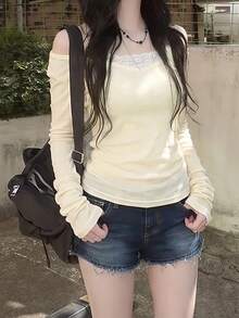 Korean Style Minimalist Versatile Semi-Sheer V-Neck Long Sleeve T-Shirt Top Casual - Cream - View 6