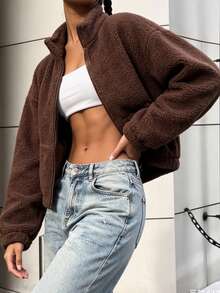 Women's Autumn/Winter/Spring Casual Zip-Up Lamb Fleece Wool Short Jacket, Fashion Solid Color Teddy Top, Slim Fit Sweatshirt For Outdoor, Fitness And Sports - Brown - View 2
