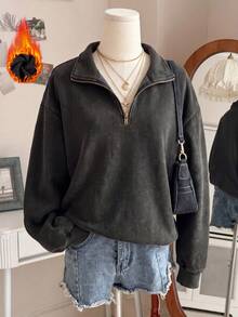 Women's Autumn/Winter Washed Zip-Up Casual Loose Long Sleeve Sweatshirt - Black - View 1