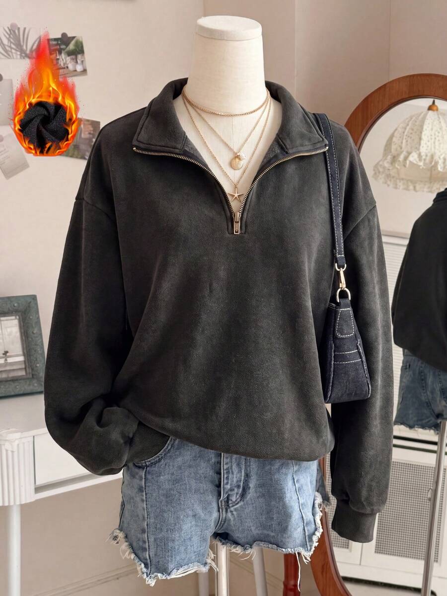 Women's Autumn/Winter Washed Zip-Up Casual Loose Long Sleeve Sweatshirt - Black - View 1