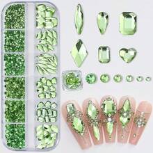 1 Grid Multi-Shape 3D Flatback Nail Rhinestones, Nail Gemstone Glass Crystal Ornament Tool Kit Nail Charm Diamonds, For DIY Craft, Clothes, Nail Art Craft Decoration - Green - View 1
