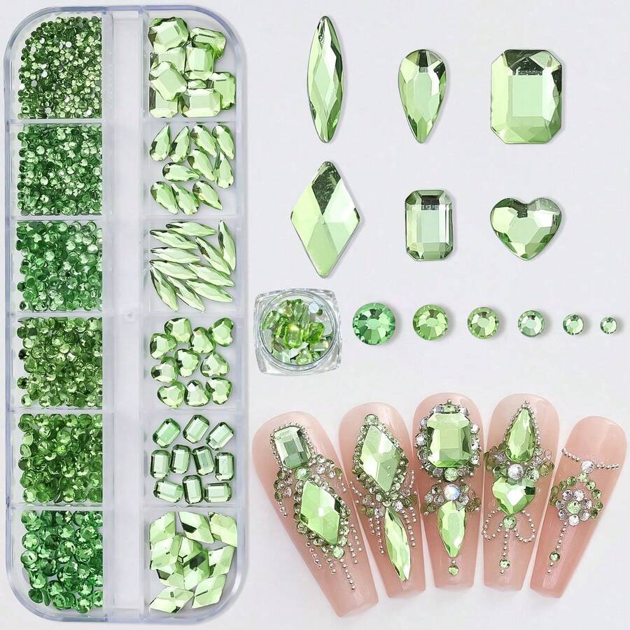 1 Grid Multi-Shape 3D Flatback Nail Rhinestones, Nail Gemstone Glass Crystal Ornament Tool Kit Nail Charm Diamonds, For DIY Craft, Clothes, Nail Art Craft Decoration - Green - View 1