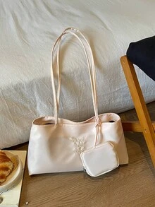 韓式純色 Ins 極簡刺繡多隔層輕量耐用防水腋下通勤肩背包 歐美慵懶風 日常旅行購物學生上課大容量百搭女款托特包 - 彩色 - 查看 11
