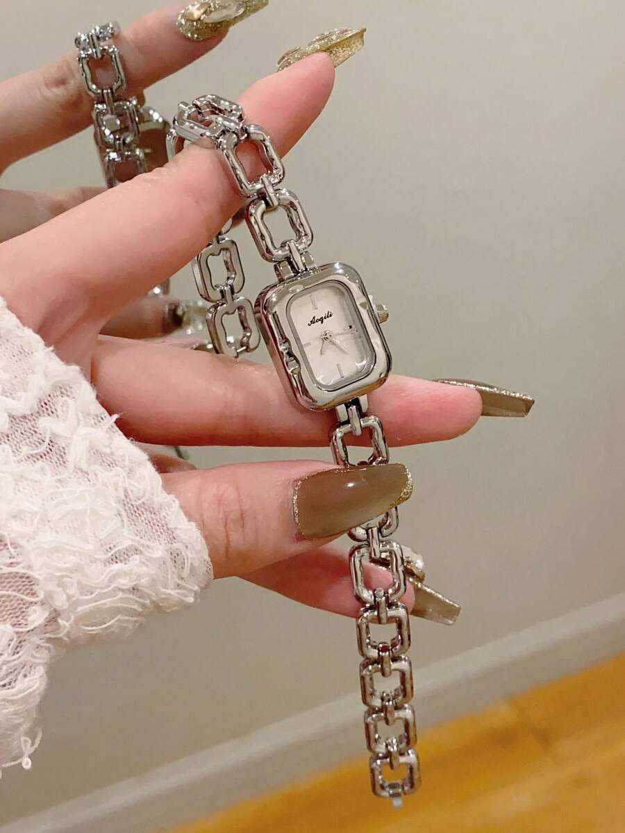 銀色錶殼純白錶盤鏤空鏈條銀色錶帶精緻方形女士石英腕錶 正裝休閒場合適用 - 銀色 - 查看 1