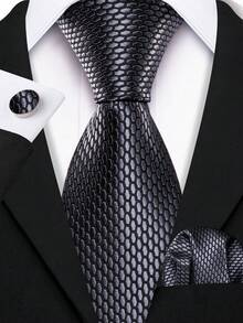 Formal Bussiness Men Grey Geometric Necktie Hankie Cufflinks Wedding Prom Dinner - Grey - View 1